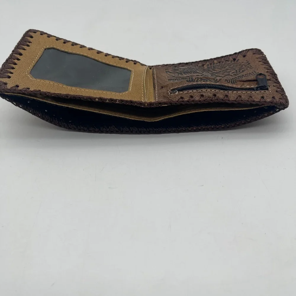 Vintage Peru Machu Picchu Cusco Brown Leather Tooled Bifold Wallet Whipstitch